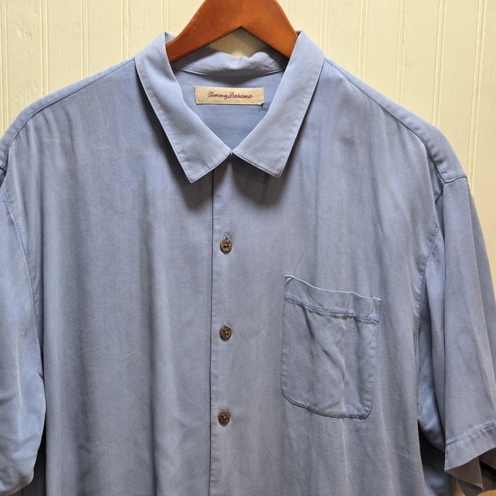 Tommy Bahama Shirt Mens XL Blue Solid Short Sleeve Silk Button Up Casual
